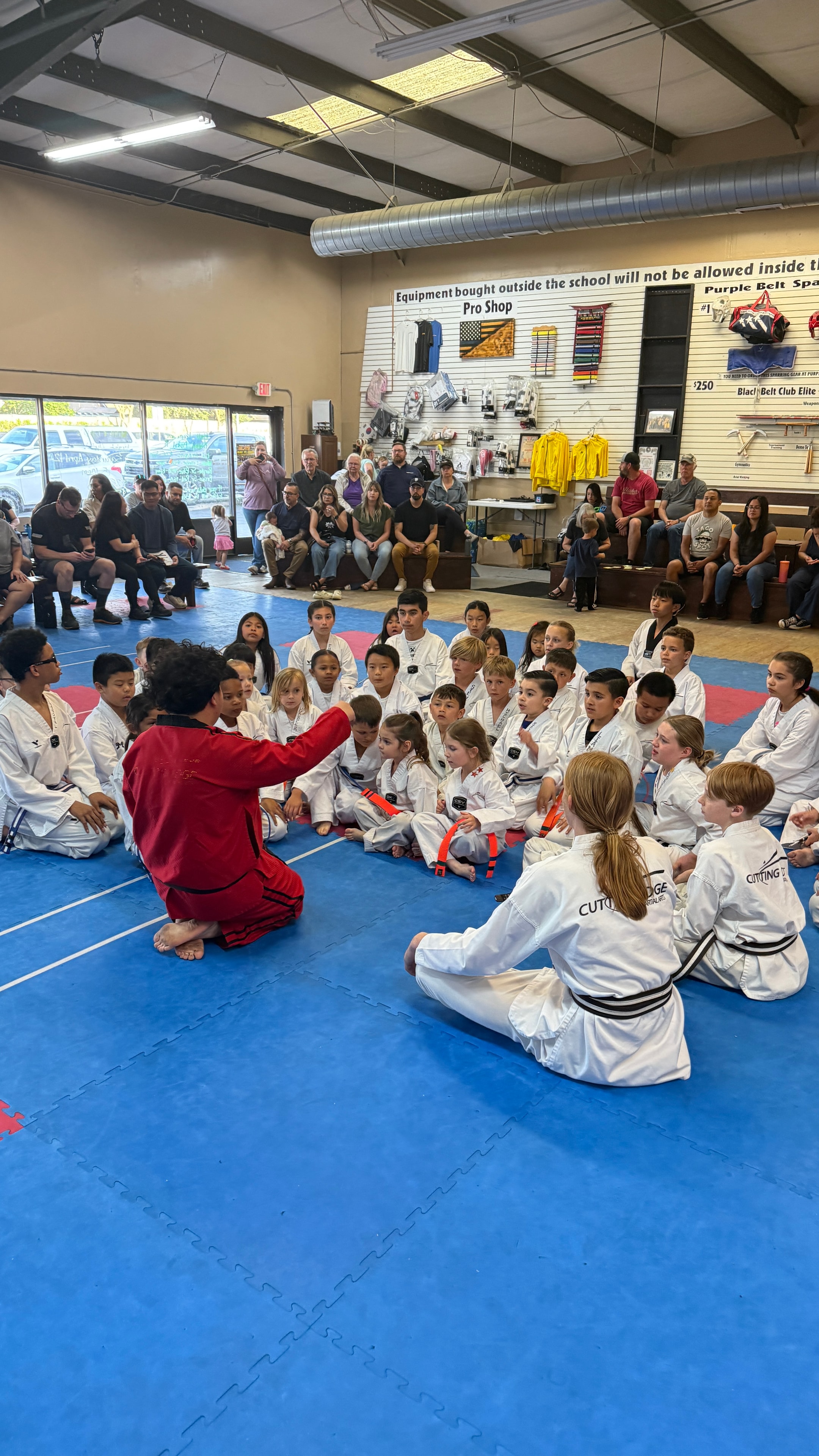 Children practicing martial arts techniques with their instructor